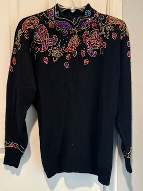 Joules Black Crewneck Sweater with Multicolor Beaded Paisley Yoke